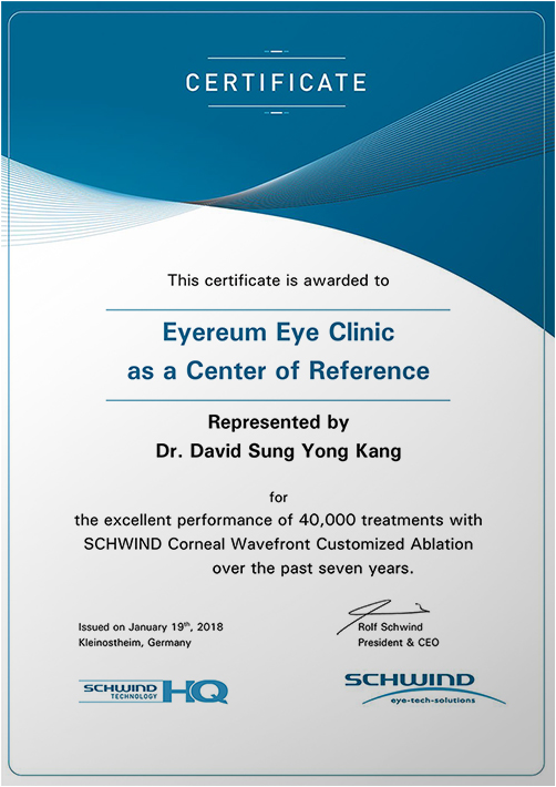 The excellent performance of 40,000 treatments with Corneal Wavefront Customized Ablation (Dr.David Kang)