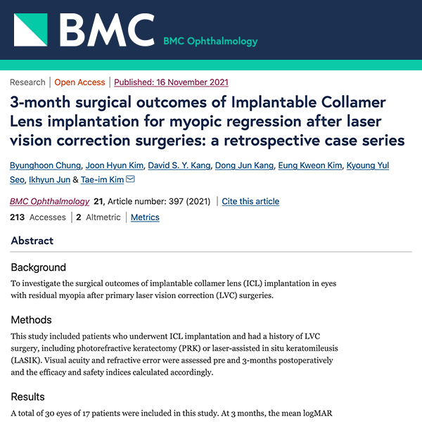 [Paper]3-month surgical outcomes of ICL implantation for myopic regression after laser vision correction surgeries