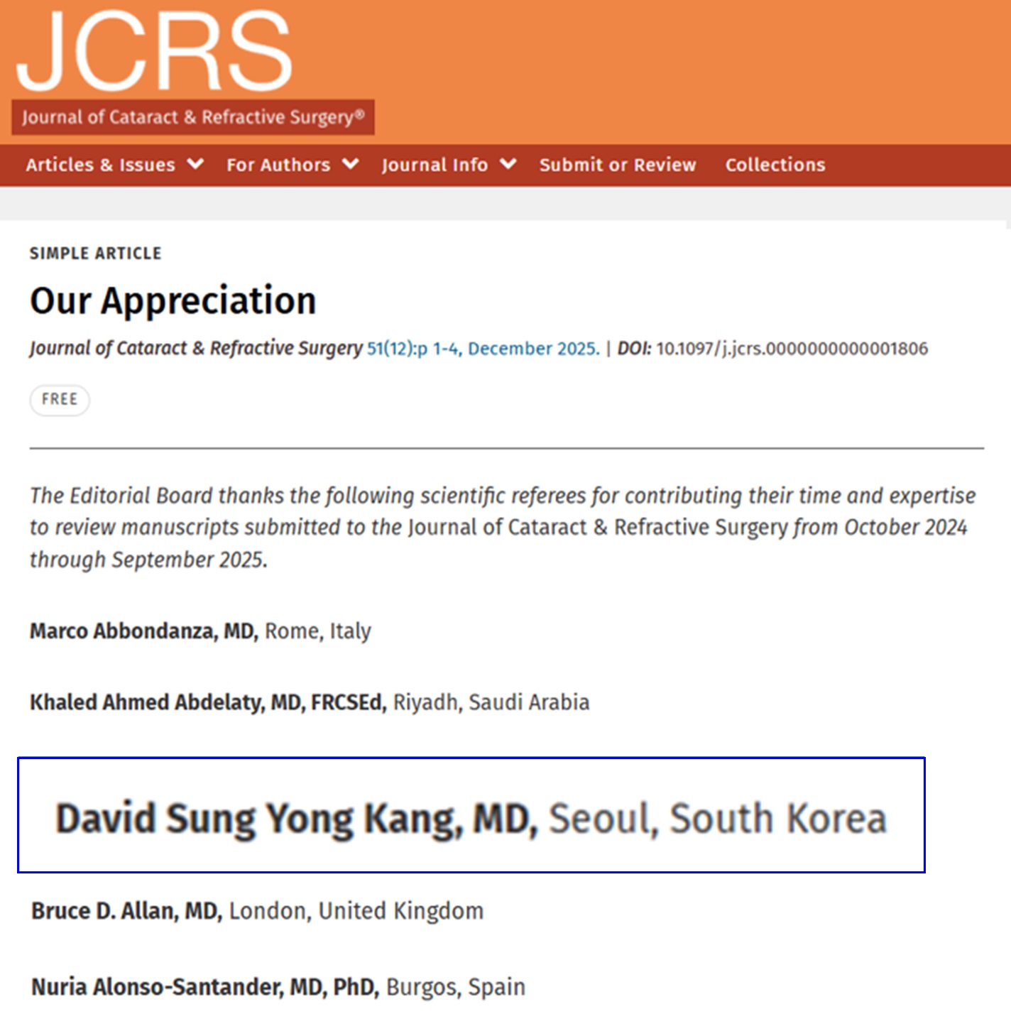 JCRS 국제학술지 리뷰어 강성용 원장, 감사 명단 등재